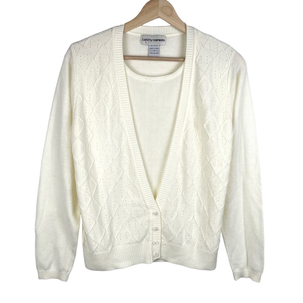 90s Vintage Coquette White Knit Pointelle Layered Cardigan Sweater Size S